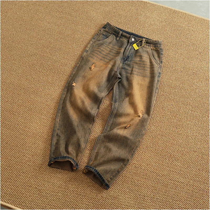 Men's Yellow Mud Dye Heavyweight Washed Distressed Jeans American High Street Loose Straight Tapered Retro Denim Pants