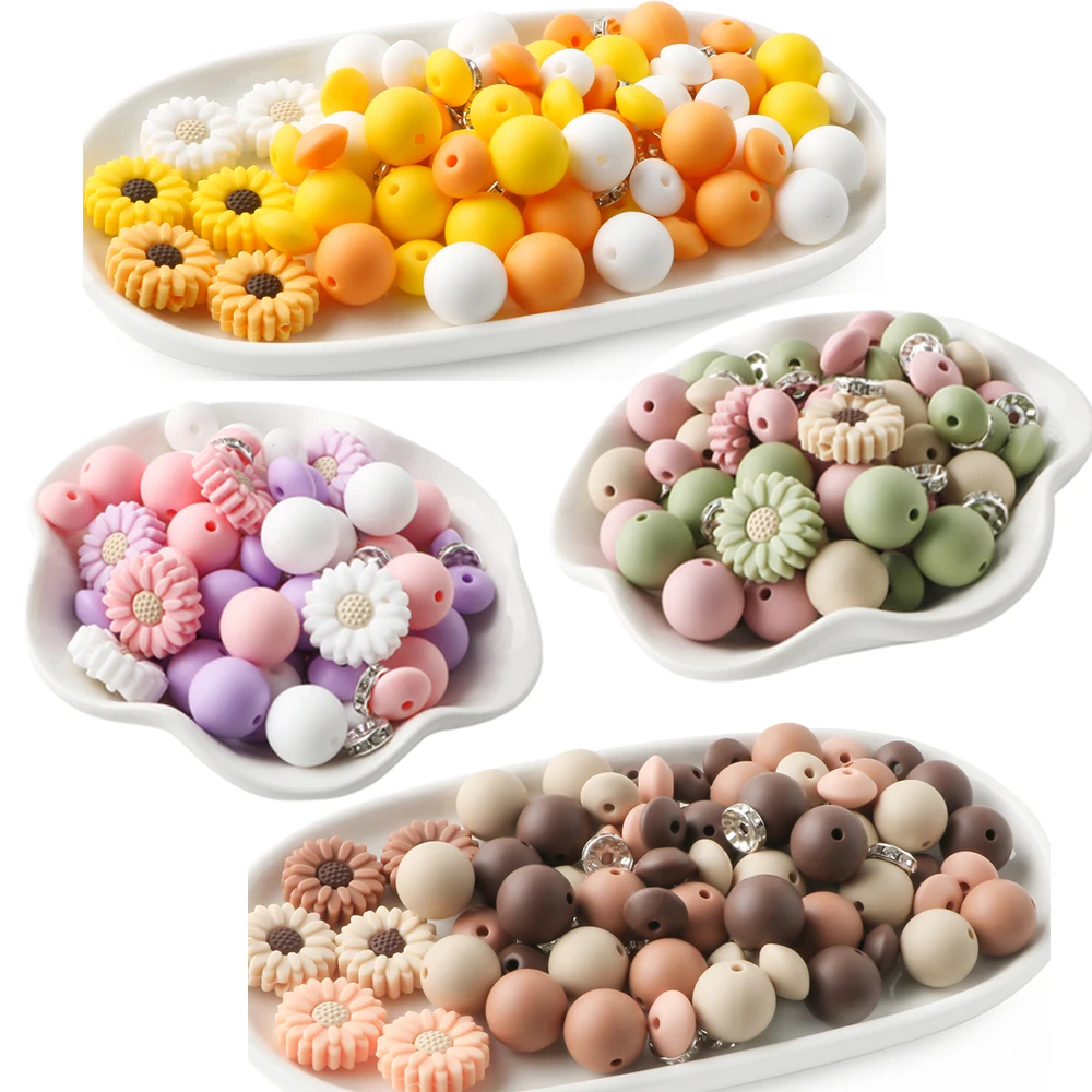 1Set Colorful Sunflower Silicone Bead Round Bead Combination For Jewelry DIY Bracelet Necklace Keychain Curtain Rope Accessories