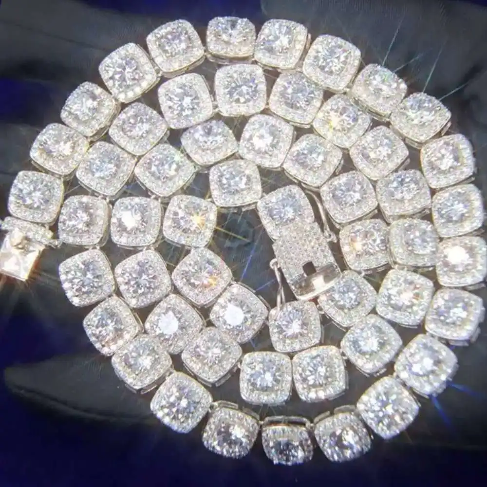 

10mm Hiphop Iced Out Custom Clustered Vvs Moissanite Necklace 925 Sterling Silver Moissanite Tennis Chain