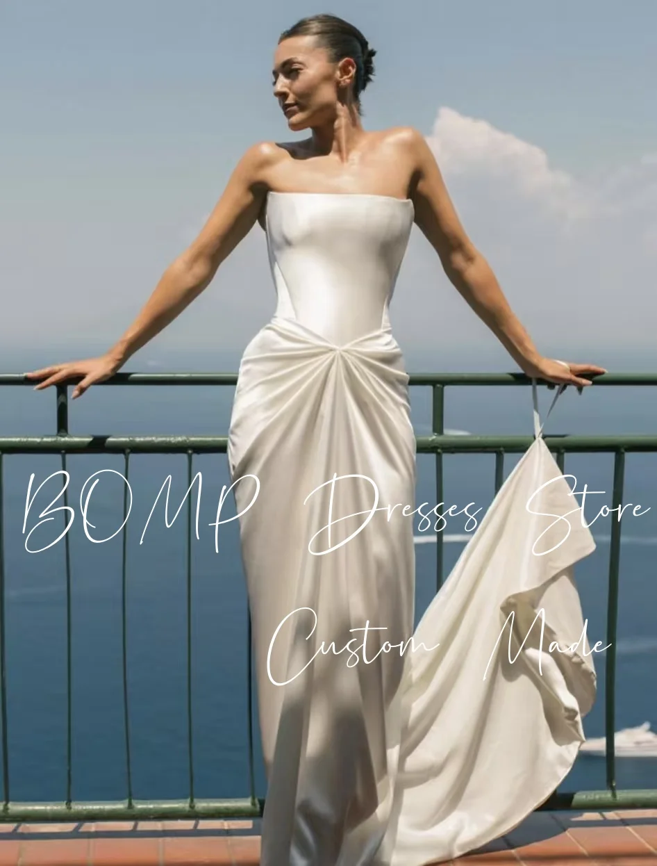 BOMP élégant plissé Robe De soirée De Mariage sans bretelles sirène balayage Train ivoire Satin Robe De mariée personnalisé classique Robe De Mariée