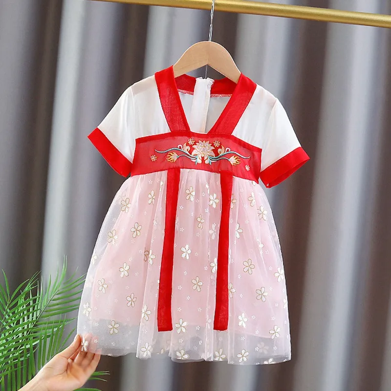 Girls' Short-Sleeved Hanfu Dresses Summer Chinese Style Ancient Costume Super Fairy Princess Dress