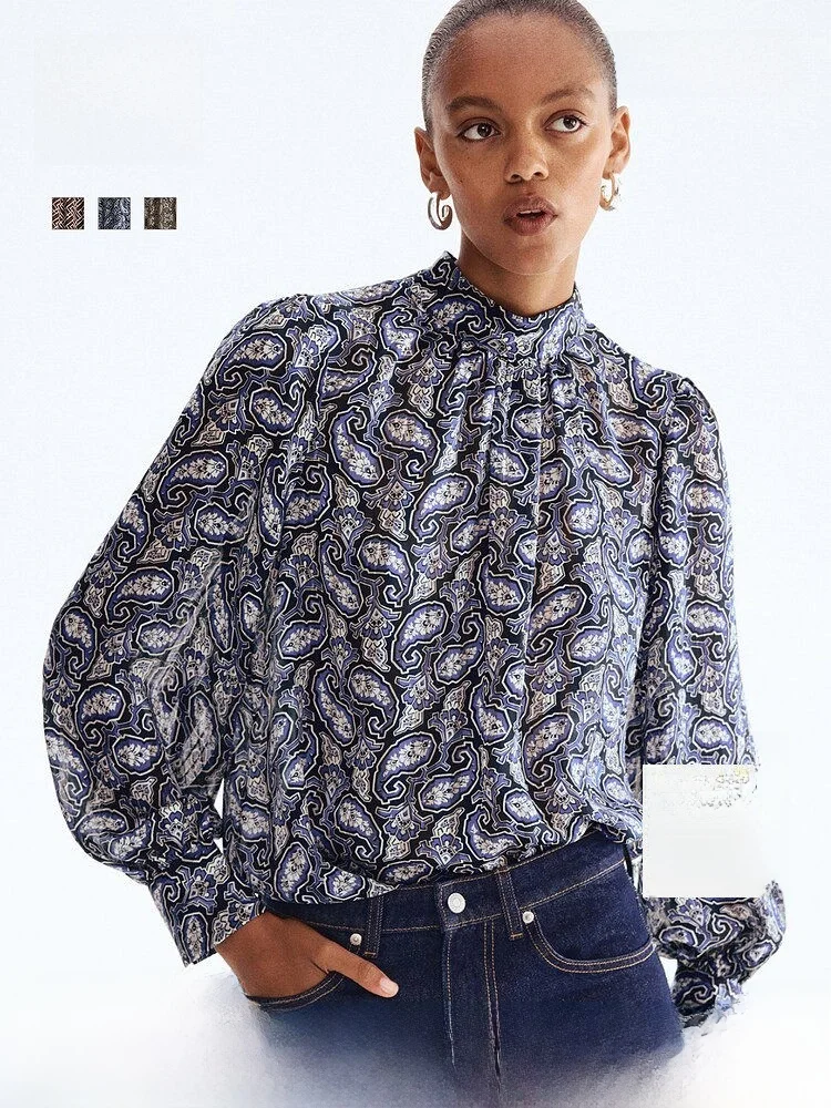 

H&M Women's Summer Shirt Stand Collar Long Sleeve Casual Style Polyester Fiber Regular Thickness Print Pattern Fitted Shirt