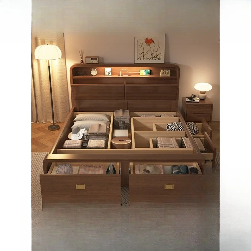 

Solid wood bed with drawers modern simple storage floor high box air pressure