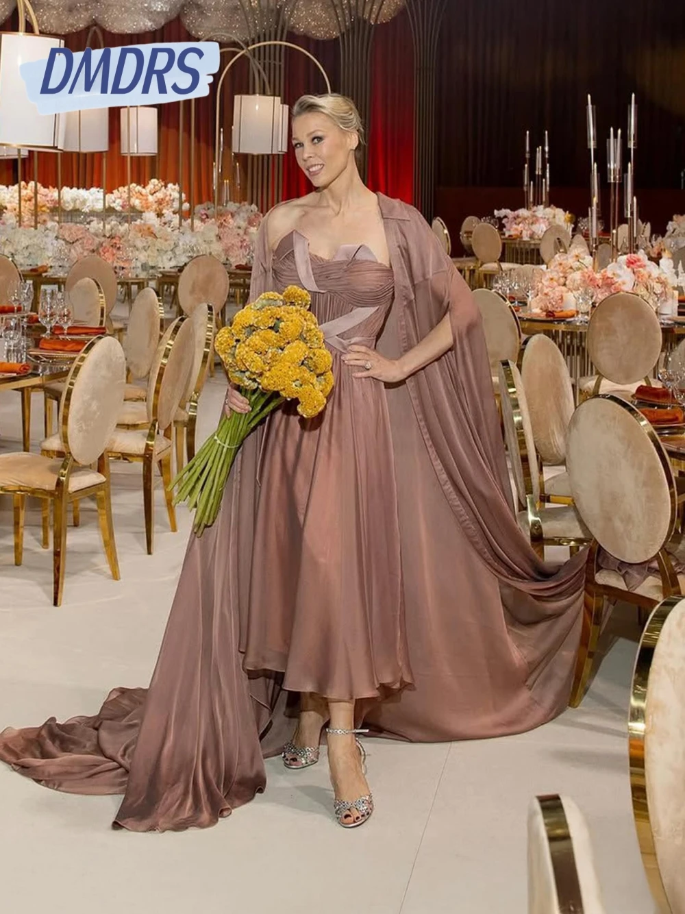 

DMDRS Flowy Chiffon Elegant Evening Dress With Cape Mother Of the Bride Dresses Plus Size A Line Customized Simple Prom Gown