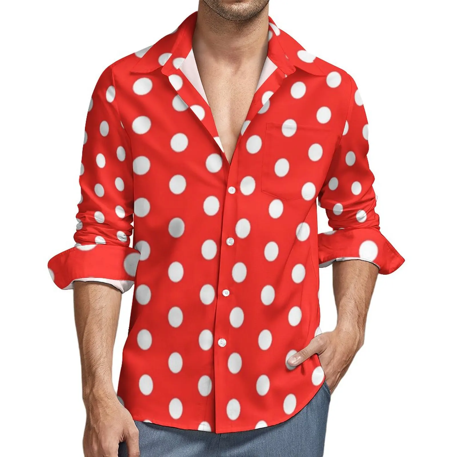 Retro Polka Dot Casual Shirt Men Spots Print Streetwear Shirt Autumn Retro Blouse Long Sleeve Graphic Oversized Top