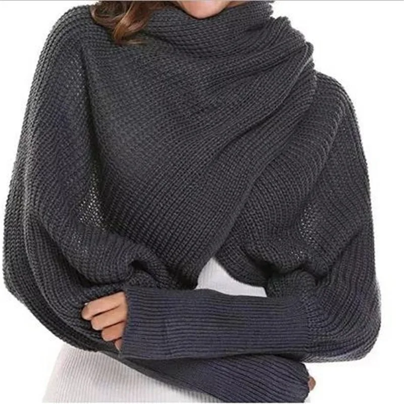 European Style Winter Women Long Scarf with Sleeves Wool Knitted Scarves for Women Thick Warm Casual Shawl High Quality