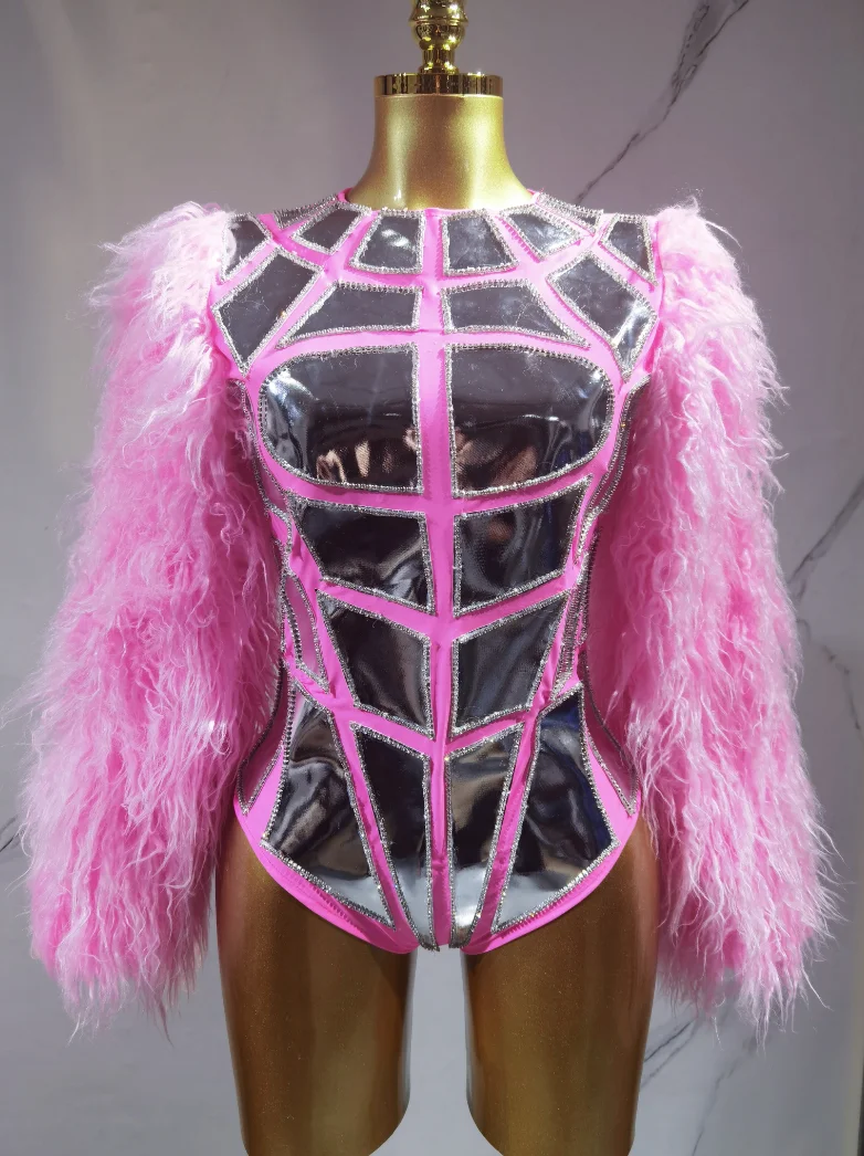 

Velvet bubble sleeve mirror muscle Bodysuit Nightclub Stage Show Catsuit Dance Outfit Armor Style Bar Female DJ DS Costume