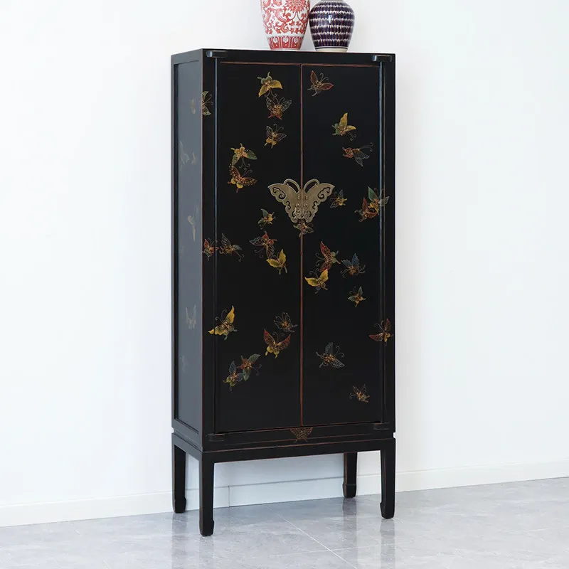 A Black lacquer painted butterfly wardrobe solid wood bookcase lacquer painted decorative storage cabinet