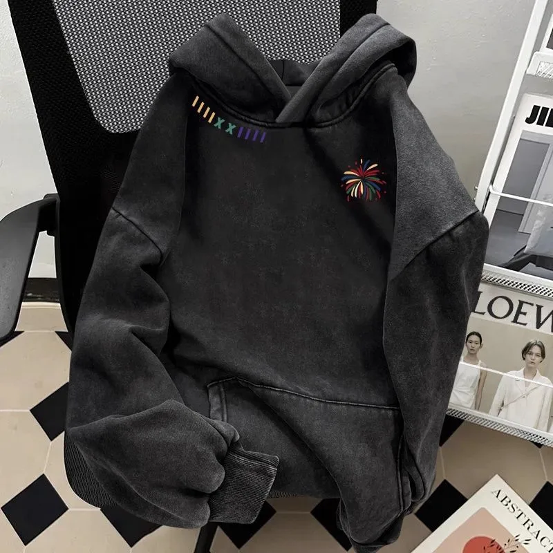 

Худи из чистого хлопка (300 г/м²) с принтом «Фейерверк», эффект потертости, повседневный стиль, уличная одежда