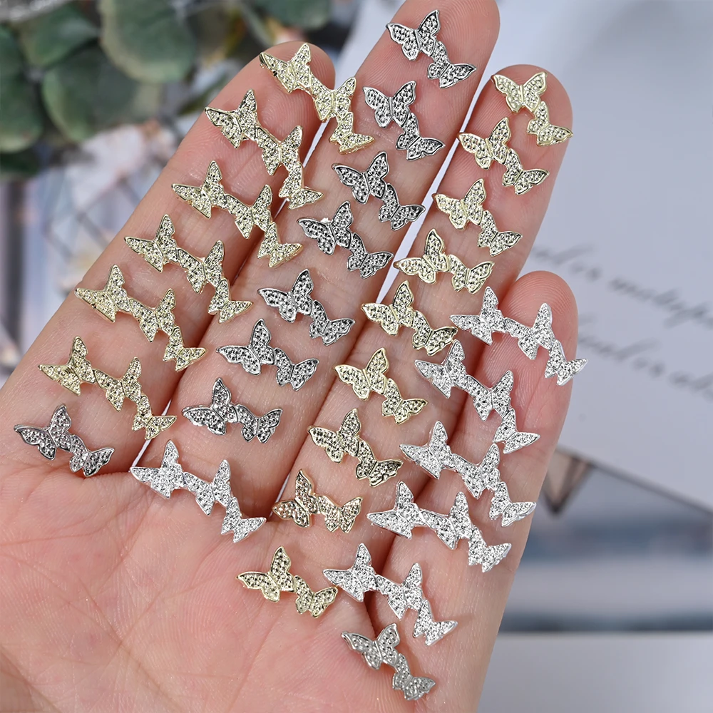 

10pcs 3D Silver Gold Butterfly Nail Art Charms Alloy Luxury Jewelry Shiny Butterfly Nail Rhinestones Gems Manicure Nail Parts