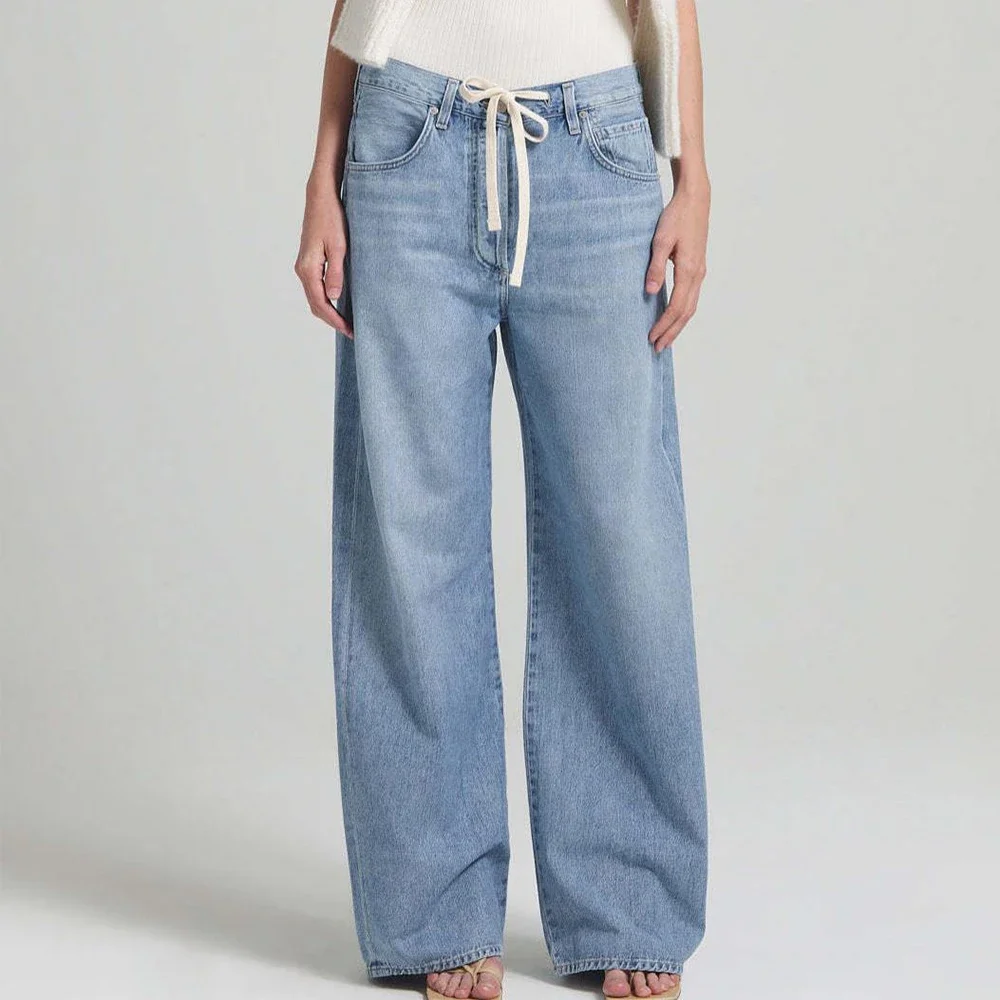 

Summer Jeans Woman K-Fashion Lace-Up Solid High Waist Full Length Straight Woman Clothing Denim Jeans