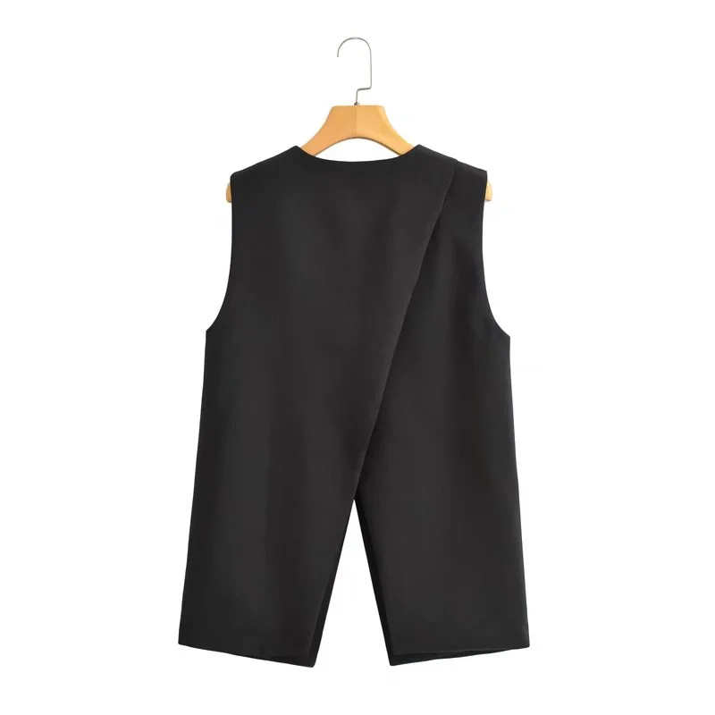 KEYANKETIAN Nova Fenda de Volta Design Assimétrico Fino Preto Terno Colete Moda Comprimento Médio Mulheres Cardigan Sem Mangas Casaco Top