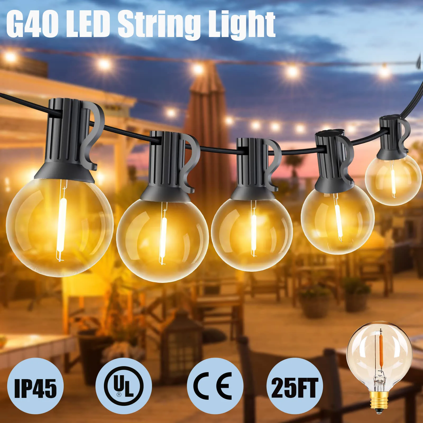 25FT LED G40 Ball String Lights E12 110V 220V Waterproof Outdoor Garden Garland String Lights Terrace Pub Wedding Party Decor