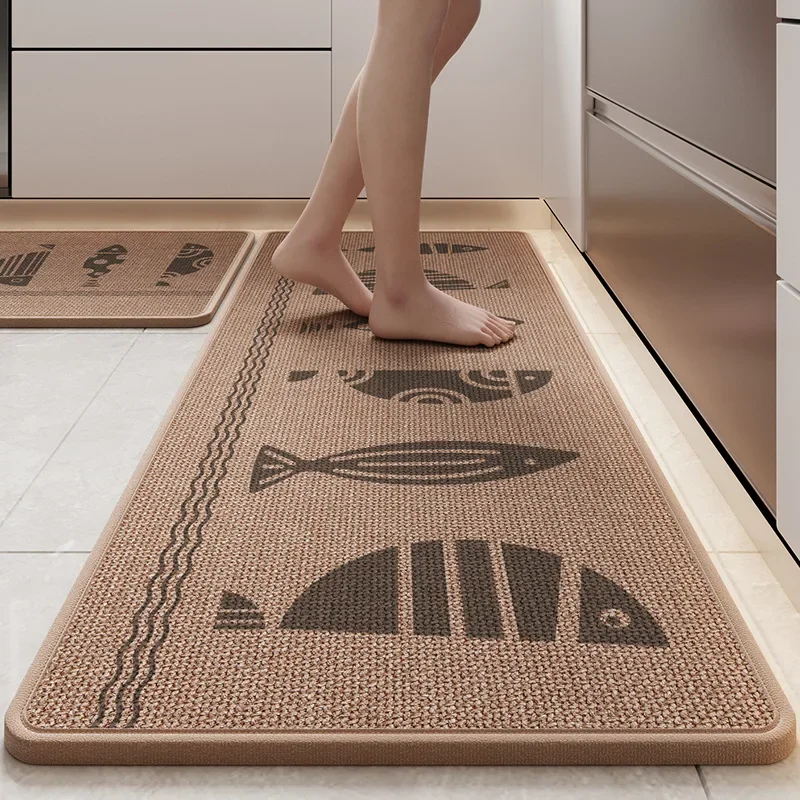 Simple Fish Linen Woven Kitchen Mat Nordic Wash-Free Strong Absorbent Floor Mats Dirt-Resistant Long Strip Doormat for Entrance