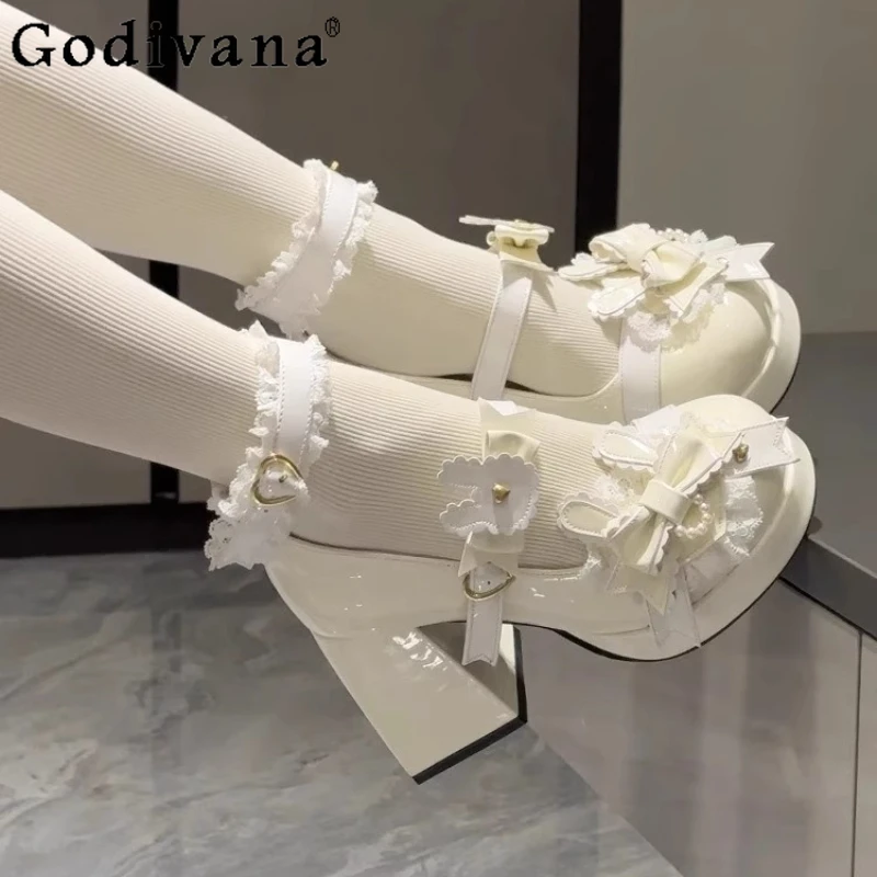 

Sweet Party Cute Sweet Lolita Shoes Women's Summer High Heels Round Lo Shoes Female Thick Heel Bow Design Single Shoes