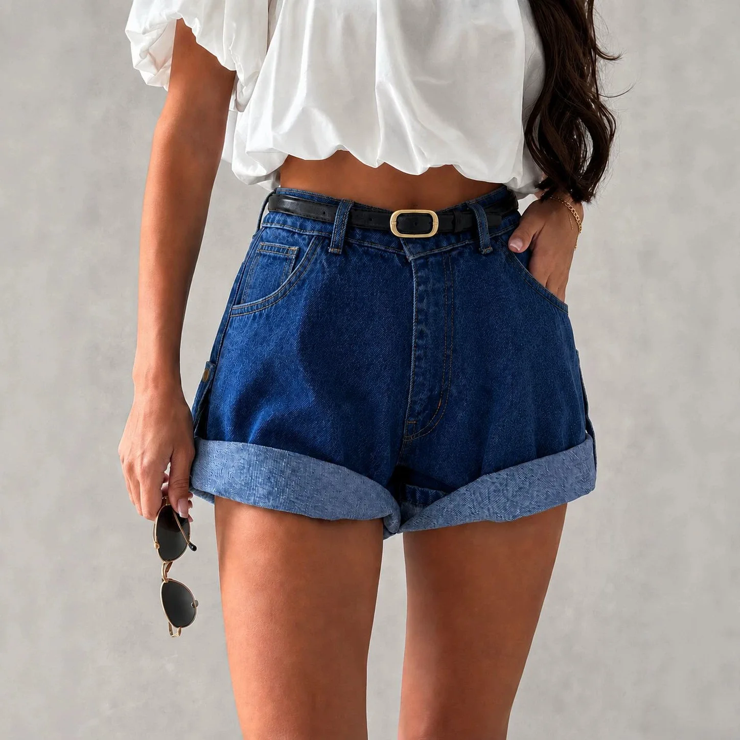 Side Buckle Denim Shorts for Women Retro Curled Wide-leg Cargo Shorts Women
