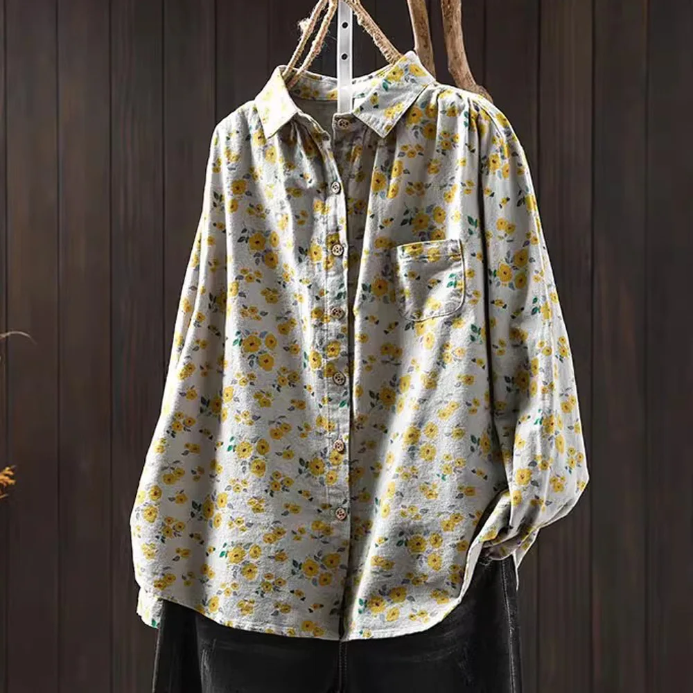 

Spring and Autumn New Women's Floral Print Cotton Shirt with Age-Reducing Collar, Brushed Print, Long Sleeve Shirt, Casua