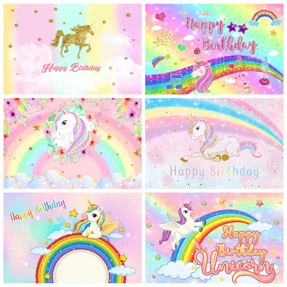 

Rainbow Unicorn Theme Cartoon Pegasus Girl 1st Birthday Party Newborn Baby Shower Photography Background Decor Banner Photo Prop