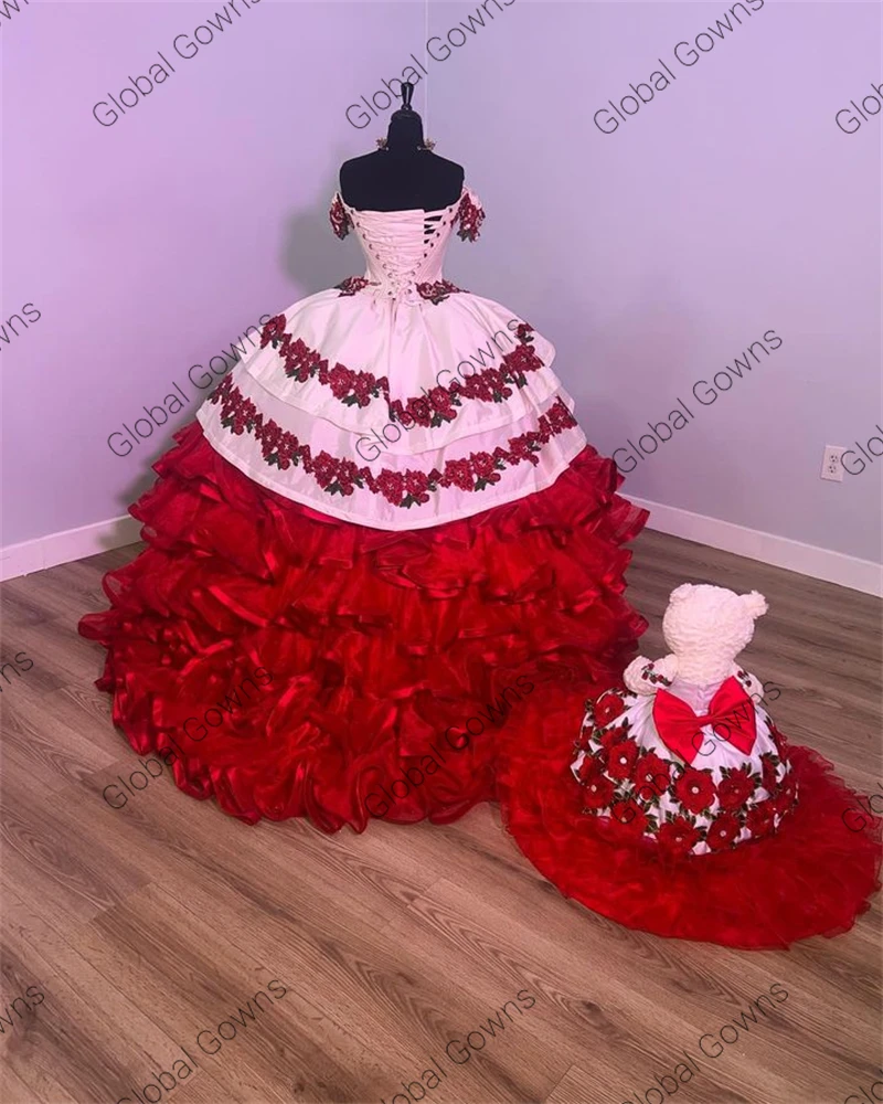 Vestido De baile De quinceañera con hombros descubiertos para niñas, vestidos De fiesta De cumpleaños, vestidos De graduación, apliques escalonados, rojo De México