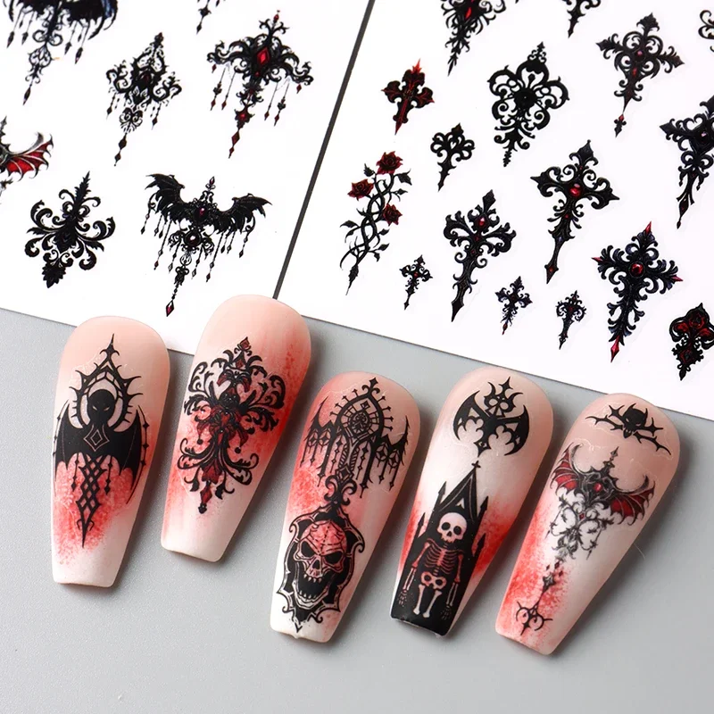 Adesivo nero gotico per unghie Disegni eleganti con lacci per matrimonio Spettrale Halloween Pipistrello Teschio Foil adesive Cursori Nail Art Decor