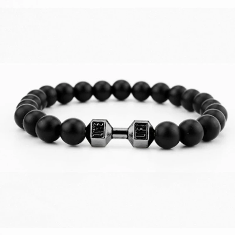 New Dumbbells Beaded Charm Bracelets For Men Women Natural Black Lava Stone Bangles Energy Yoga Fitness Barbell Jewelry Gifts