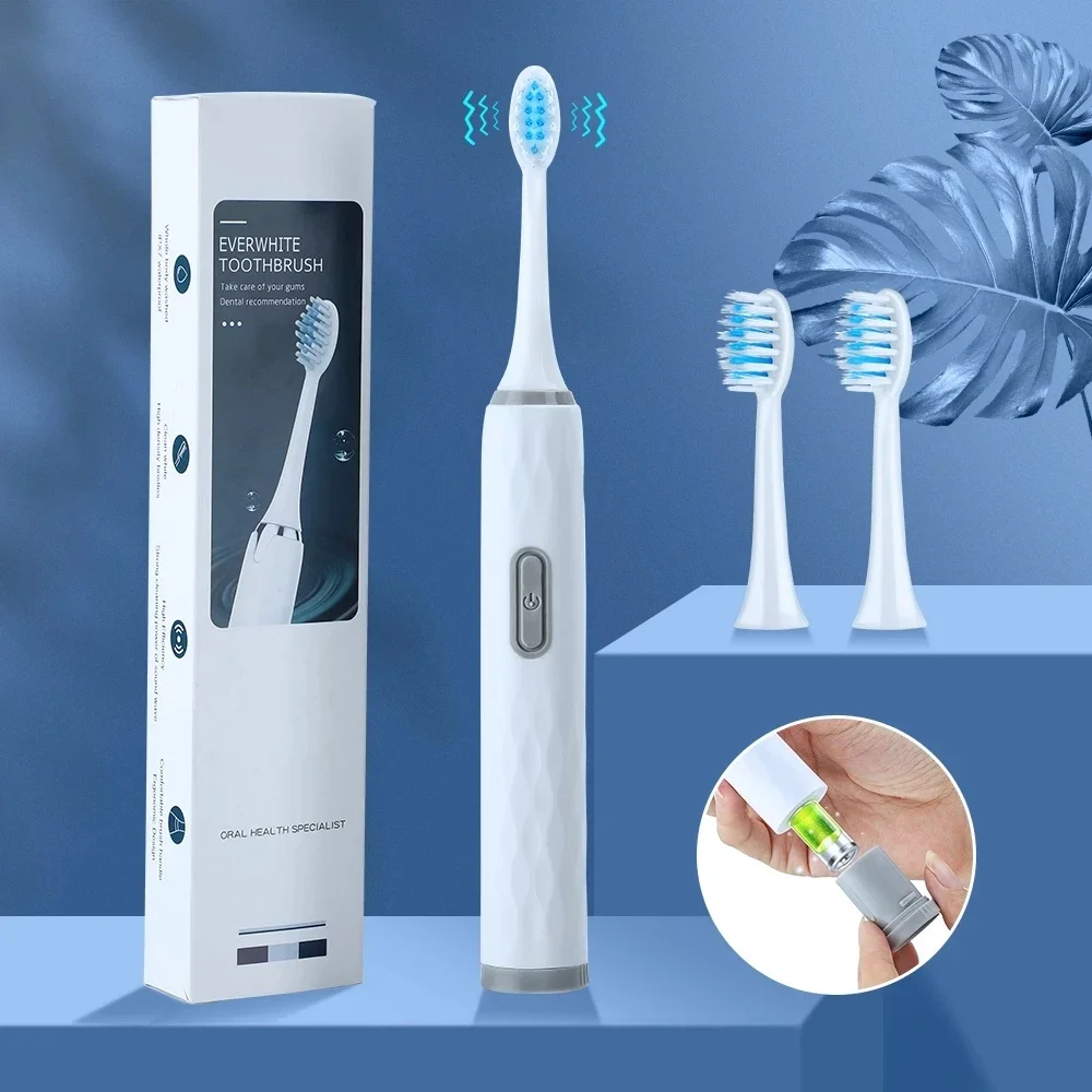 Electric Toothbrush Battery Black White Sonic Teeth Brush Oral Hygiene IPX7 Waterproof with Replacement Brush Head Gift