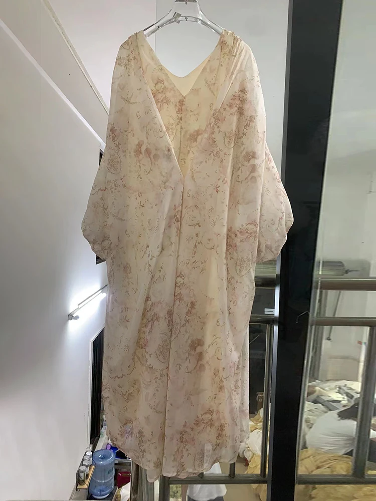Loose Printing V Neck Batwing Sleeve Minimalist Elegant Dress Dresses For Women 2024 Luxury Brand High Quality