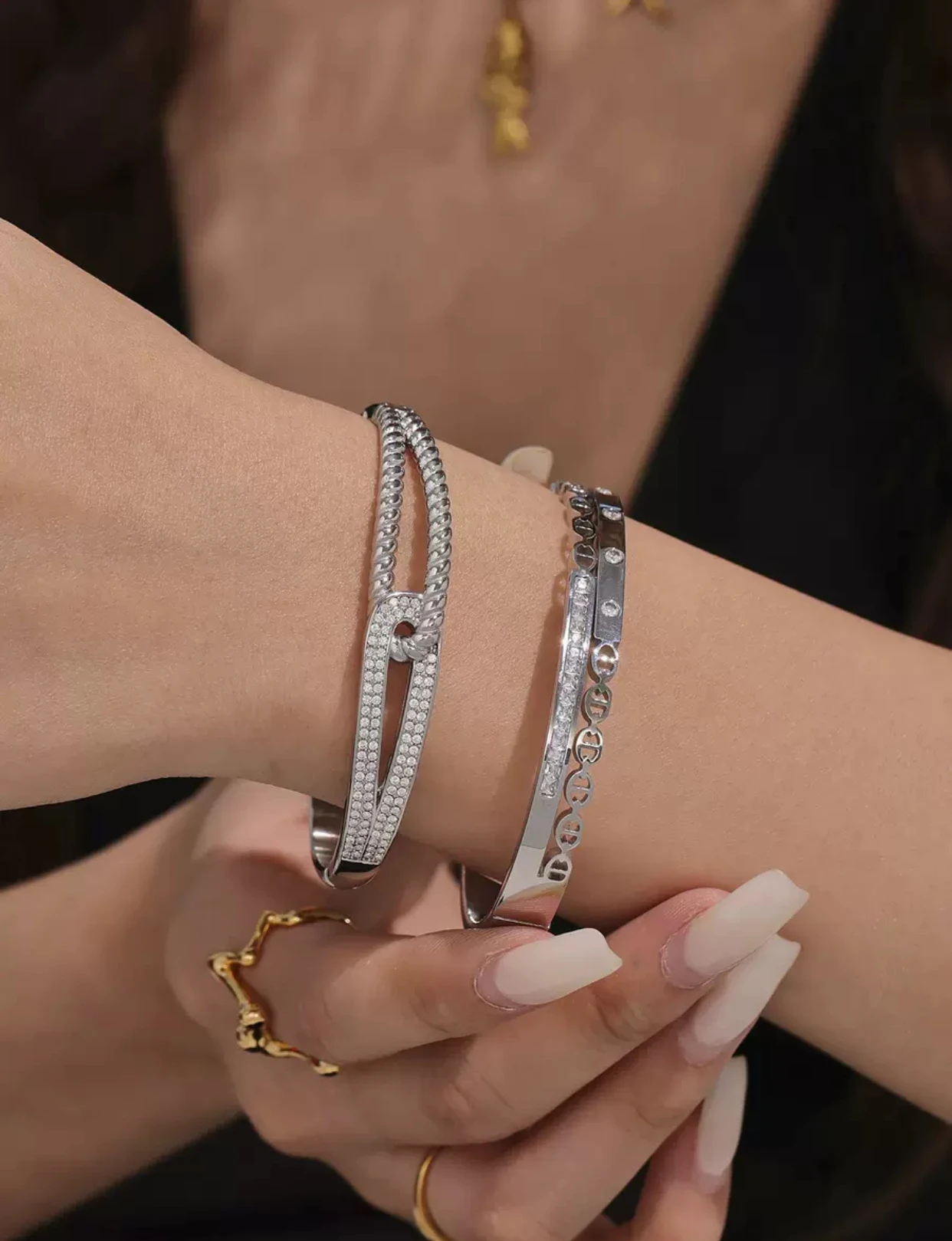 스테인레스 스틸 럭셔리 더블 레이어 리턴 스퀘어 지르코니아 버클 팔찌, 고급스러운 느낌, 맞춤형, 다재다능한 주얼리