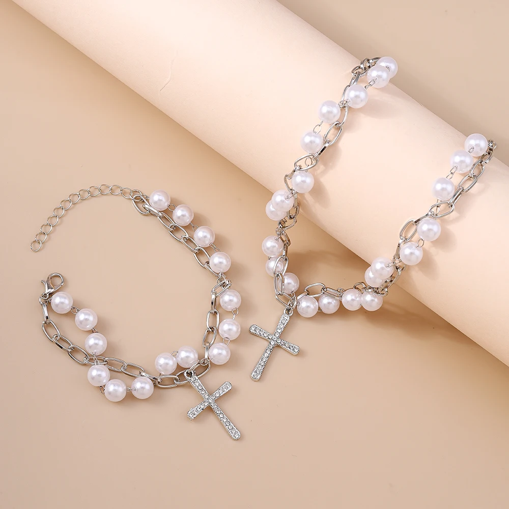 Aihua Fashion Perlenkette mit christlich-katholischem Kreuzanhänger, Halskette, Armband, Schmuckset für Damen und Herren, Schmuckgeschenke – Detail 4