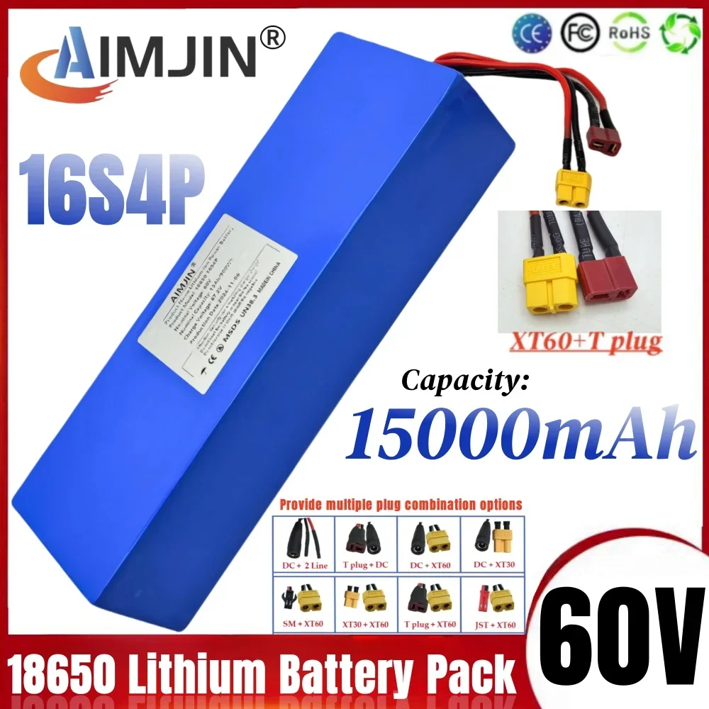 

60V 15Ah High capacity 18650 Rechargeable/Lithium Battery Pack 16S4P 250-2500W Suitable for Motorcycle, Scooter, Bicycle Built-