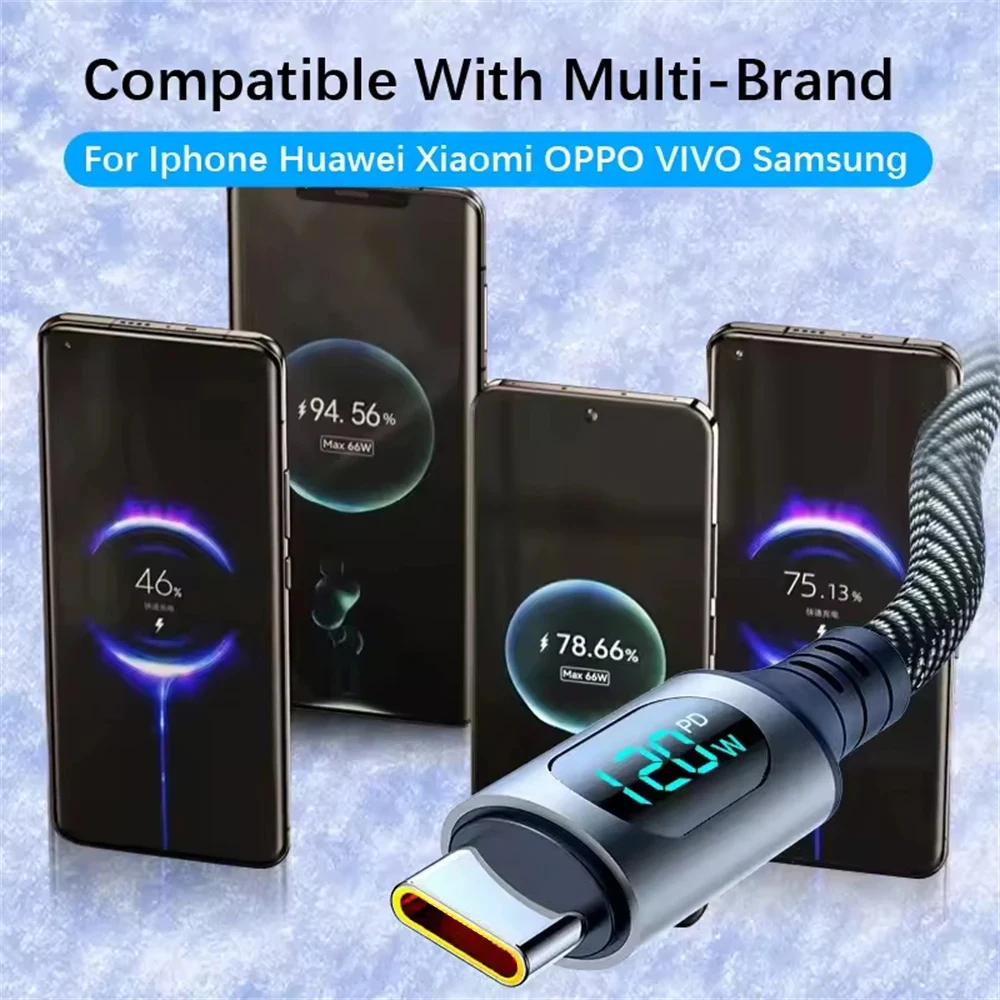 120W Type C Super Fast Charging Cable LED Digital Display USB C Charger Cable For Xiaomi Redmi Huawei Samsung 6A Data Cord 1M 2M