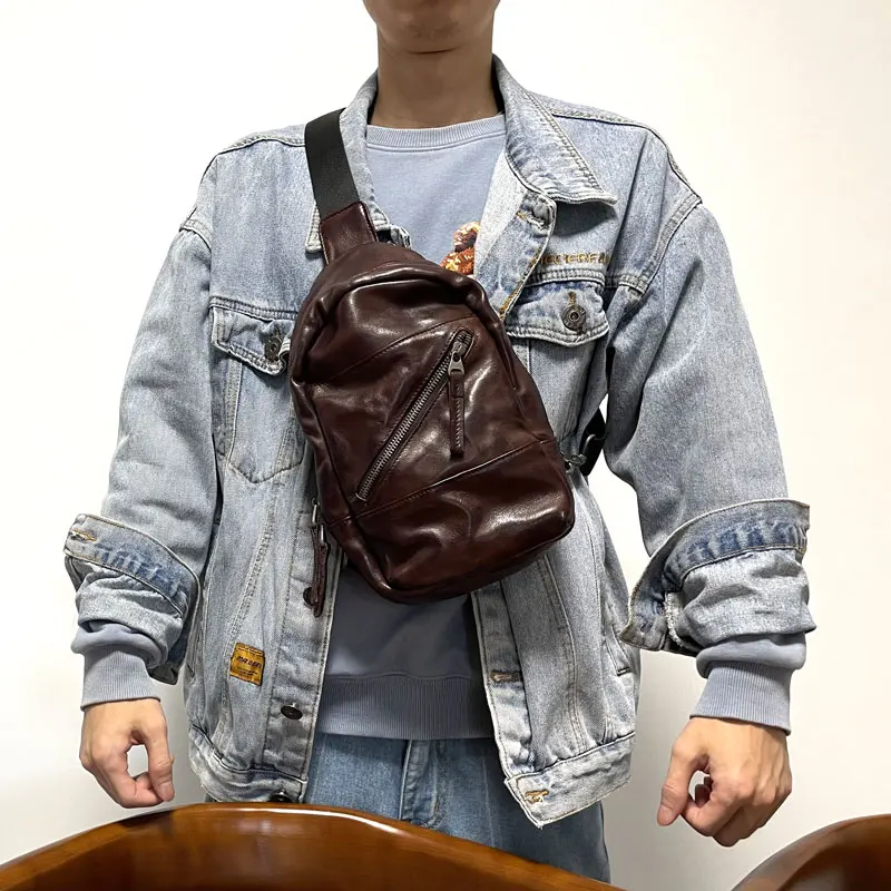 

Модная винтажная роскошная мужская спортивная нагрудная сумка из натуральной кожи, дизайнерская сумка через плечо из воловьей кожи ручной работы, первый слой