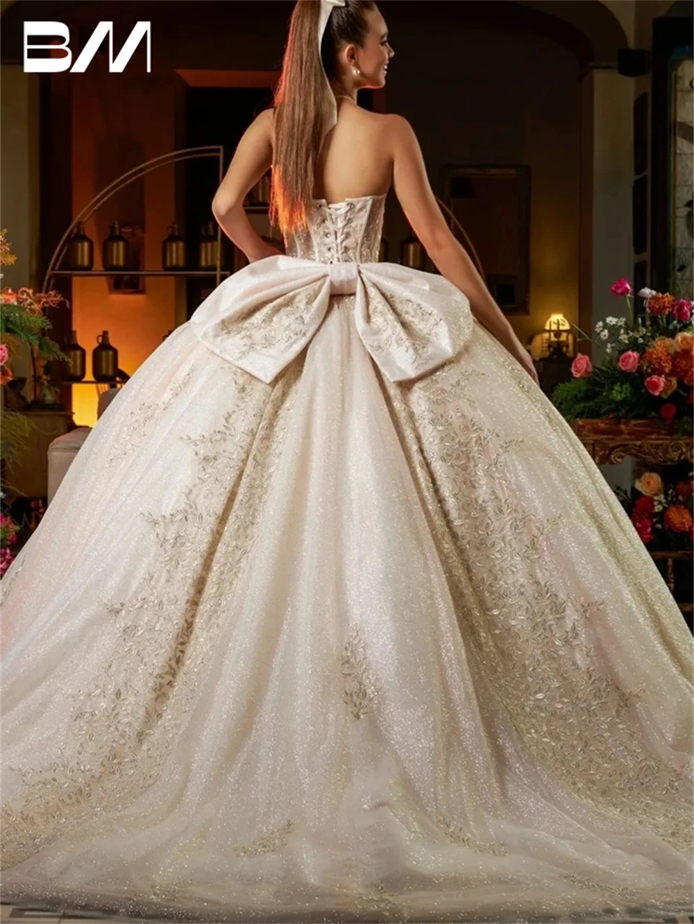 Champagne Glitter Tulle Quinceanera Dress 2024 Detachable Sleeves Beaded Sweet 15 16 Dresses Ball Gown Corset Party Gown