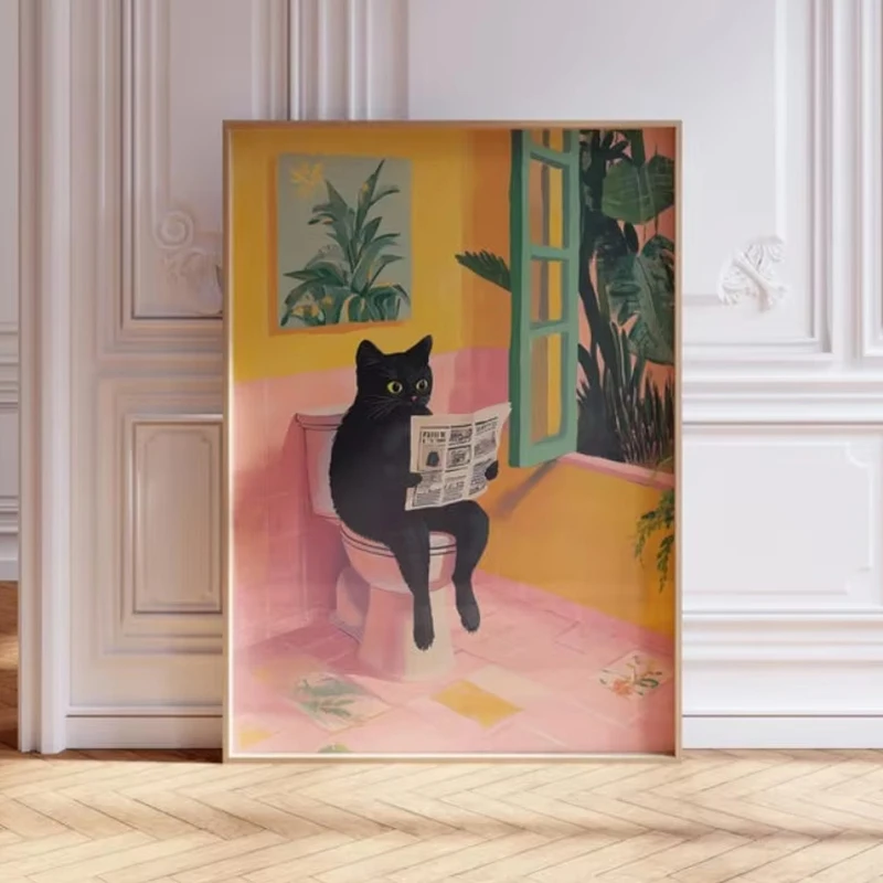 

Funny Animal Toilet Cat Read Paper Canvas Paintings Aesthetic Cat Bathroom Wash Room Prints Poster Home Decor Art Gifts