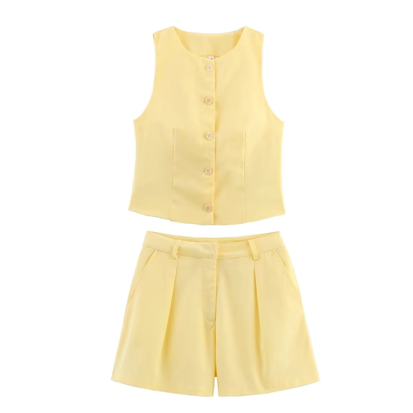 Women's Shorts Set Solid-Color Fashion Linen-Blend Crew Neck Vest High-Waisted Casual Shorts