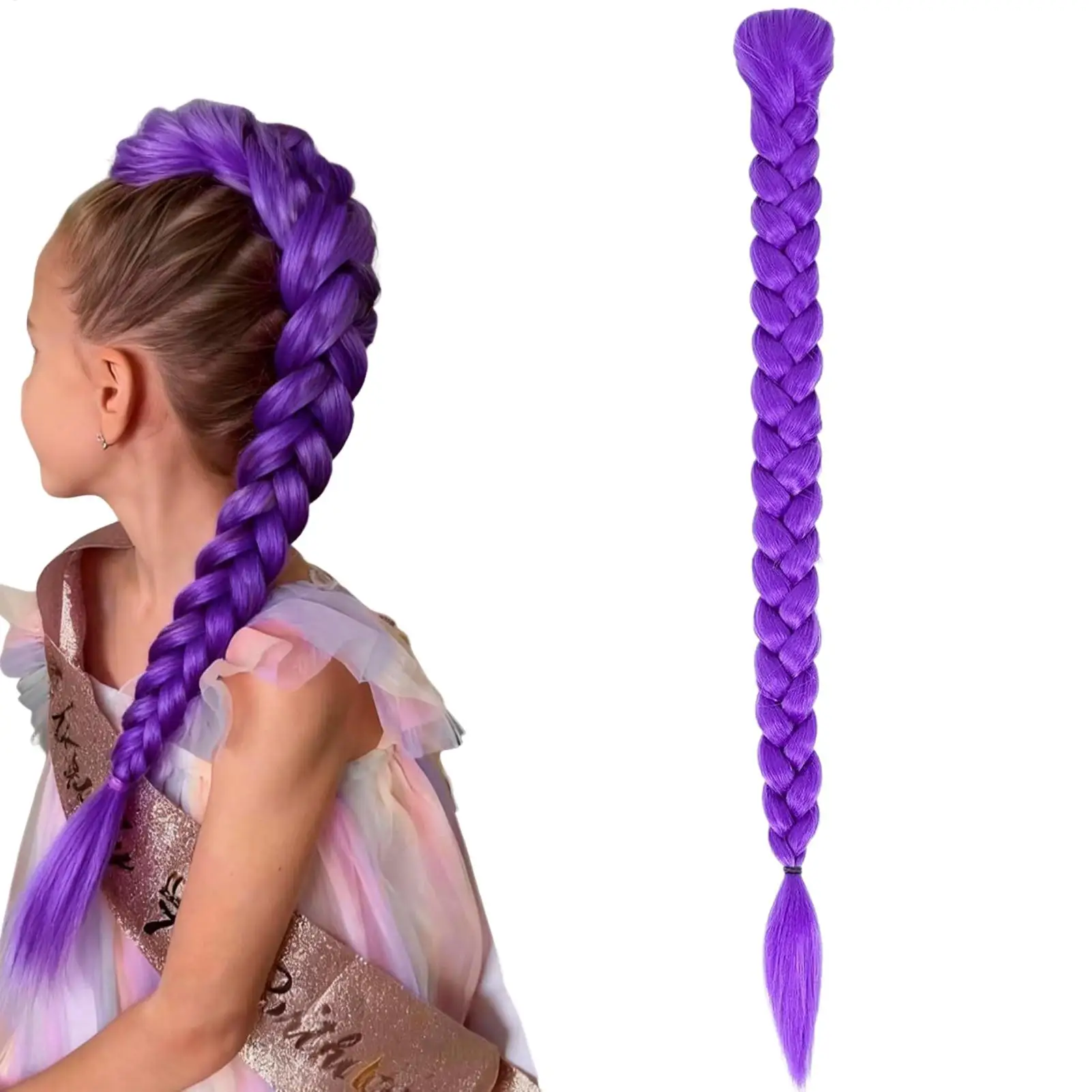Costume Hairstyle 60cm Long Ponytail Wig with Clips Synthetic Braided Purple Hair for Kids Girls