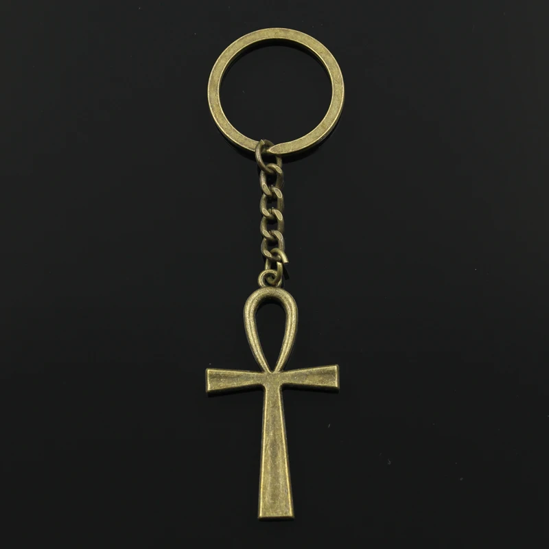 Fashion 30mm Key Ring Metal Key Chain Keychain Jewelry Antique Bronze Silver Color Cross Egyptian Ankh Life 52x28mm Pendant