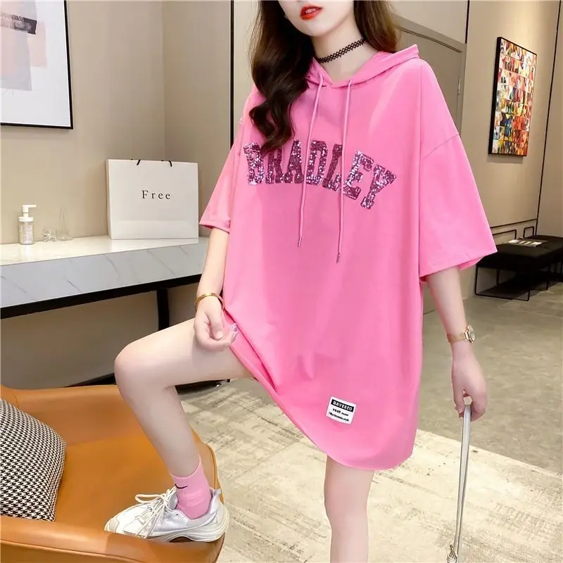 Fashion Loose Sequined Letter Hooded Sweatshirts Female Clothing 2024 Summer New Oversized All-match Tops Casual Sweatshirts