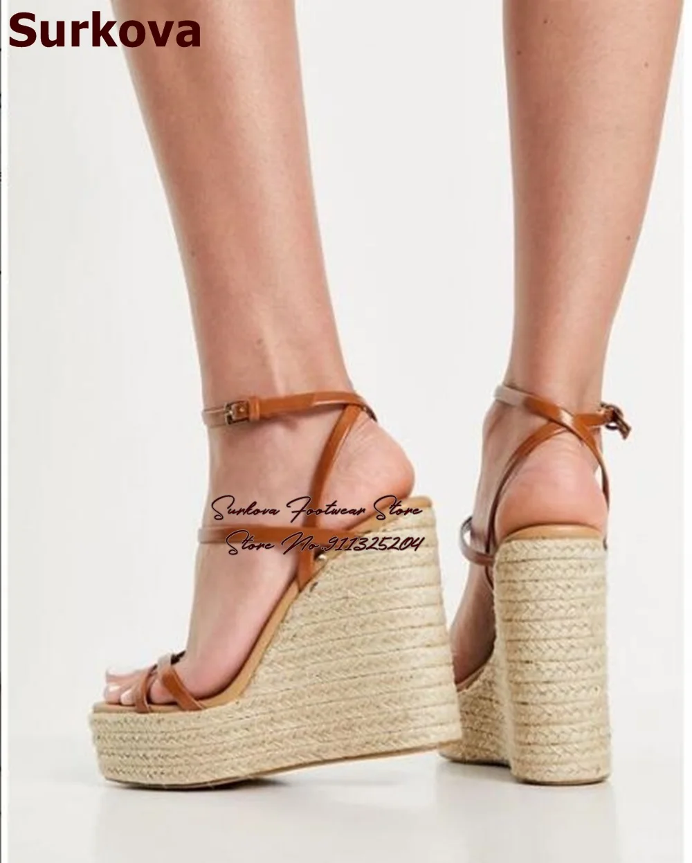 Surkova Beige Rope Espadrille Platform Sandals Wedged Heel Braided Dress Shoes Elegant Brown Matte Buckle Strap Pumps Size 46