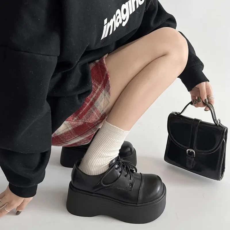 

Gothic Platform Wedges Women Pumps Shoes Lace-up Women's Loafers Punk Dressy Office Work Black 2025 New Women Shoes