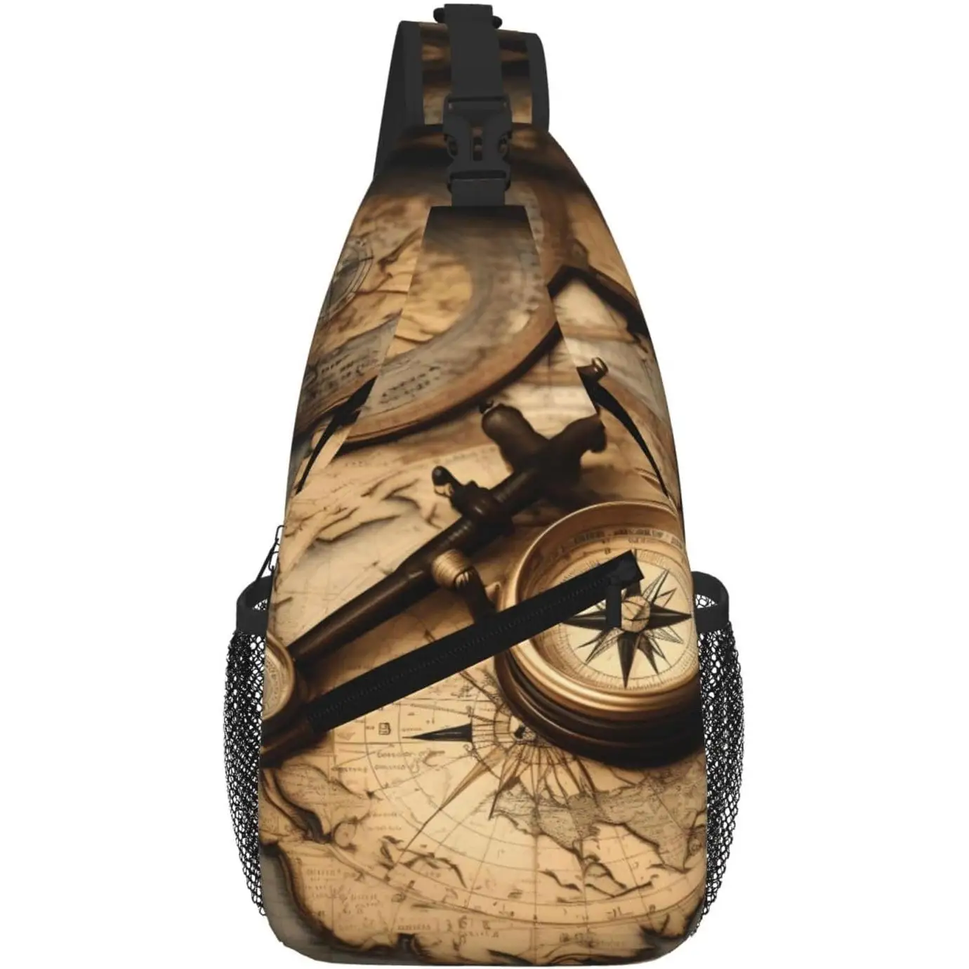 Compass and Old World Map print Small Sling Backpack Crossbody Sling Bag, Chest Bag Daypack Fanny Pack for Outdoors