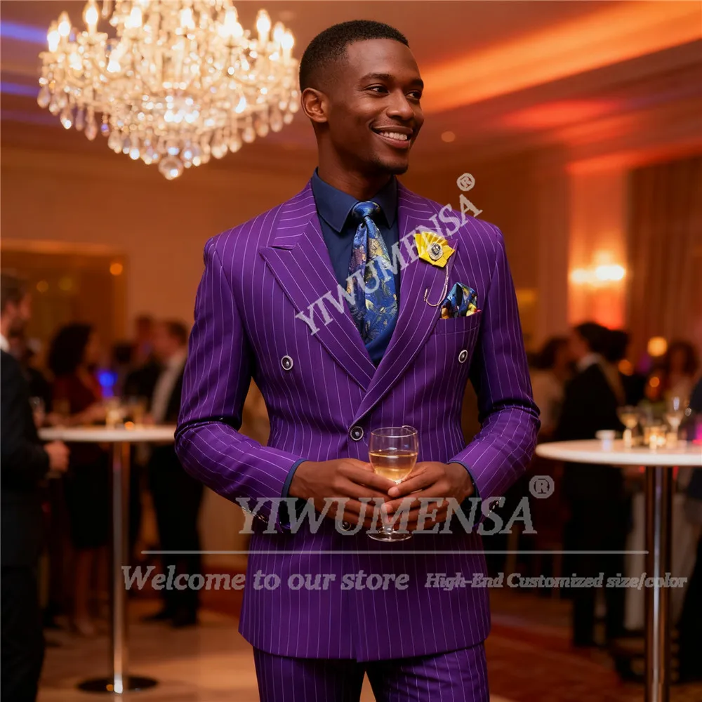 

Male Fashion Purple Stripes Suit Men For Business Party Outfits Double Breasted Blazers Customized Pinstripes Groom Tuxedos 2pcs