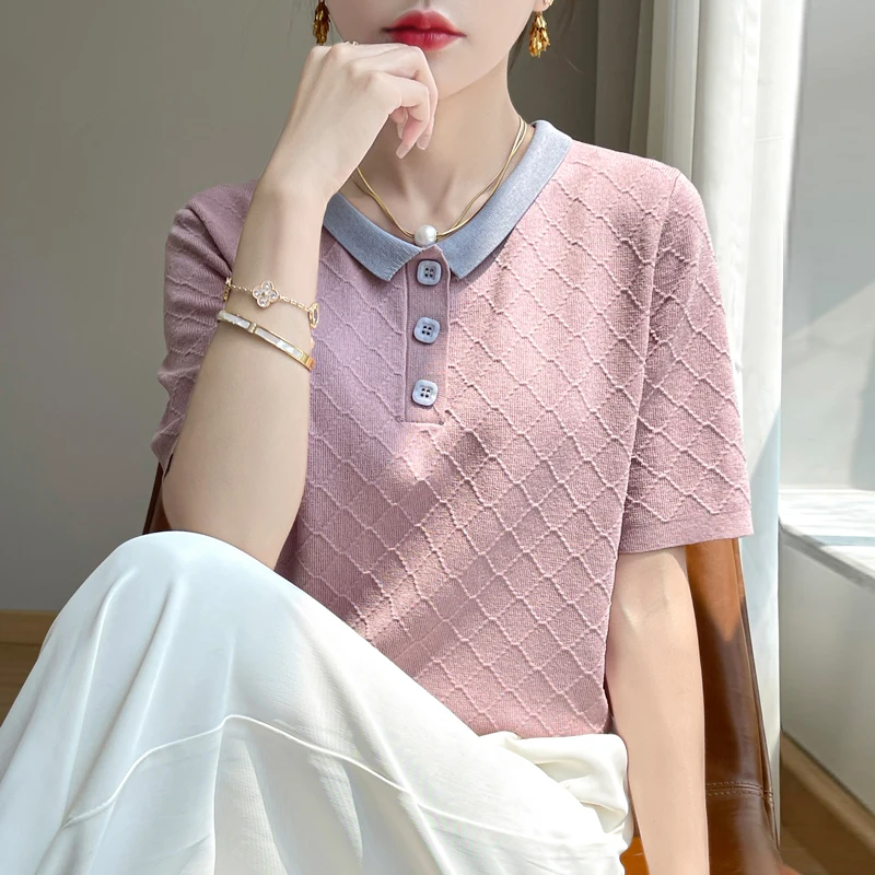 Slimming Effect Knitted Half Sleeve Women's  Shirt  Lyocell Top Color Block Design Casual Fashion Summer Wear