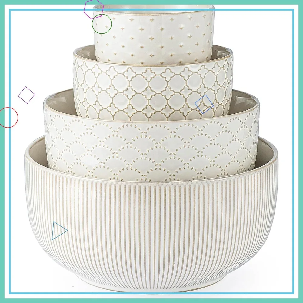 

4-Piece Ceramic Mixing Bowls Set, Nesting Embossed Stoneware for Cooking, Serving, Popcorn & Salad, Microwave & Dishwasher Safe