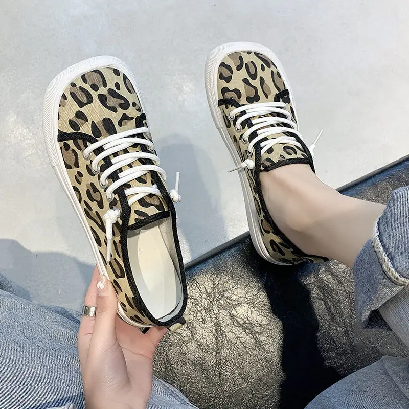 New Square Toe Leopard Print Canvas Shoes Women\'s Spring Summer Sneakers Woman Vulcanized Sports Shoes Houndstooth Zebra Sneaker