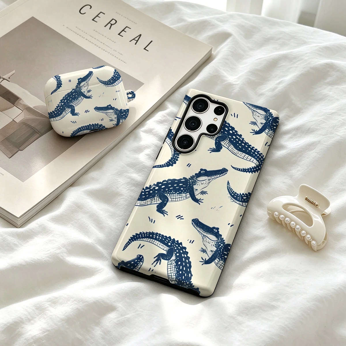 Navy Crocodile Phone Case For Samsung Galaxy S26 S25 Ultra S24 S23 Ultra Plus Shockproof Double Layer Tough Back Cover
