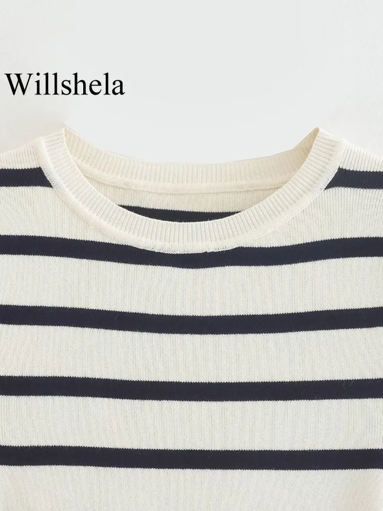 Willshela Women Fashion Striped Knitted Cropped T-Shirt Vintage O-Neck Short Sleeves Female Chic Lady Sweater Shirts