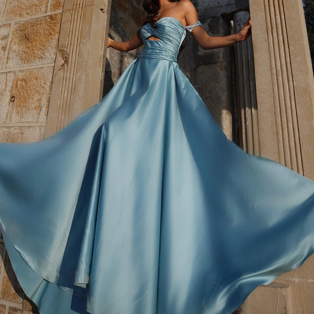 

Satin Party Gowns Strapless Off the Shoulder Sleeveless A-Line Temperament Panel Train Criss-Cross Photo Color Floor Length