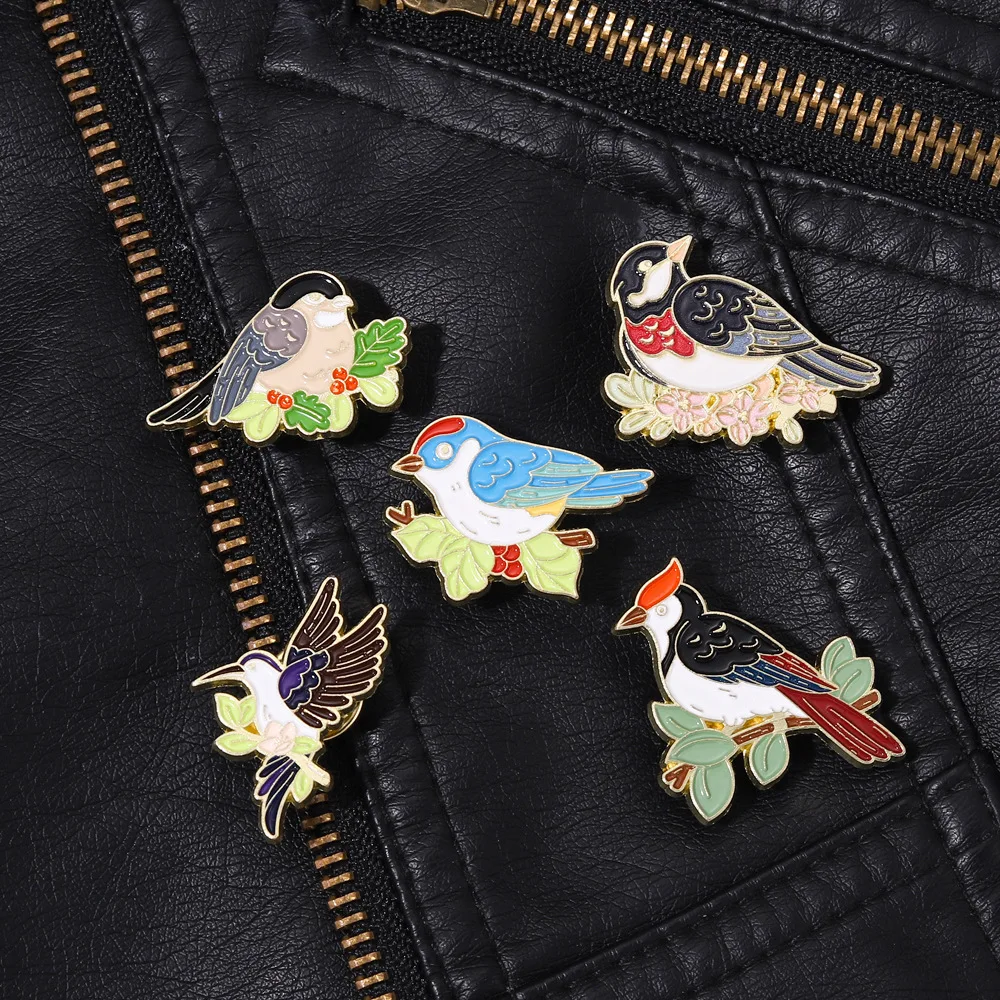 Birds and Flowers Enamel Pins Custom Hummingbird Woodpecker Brooches Lapel Badges Animal Jewelry Gift for Kids Friends