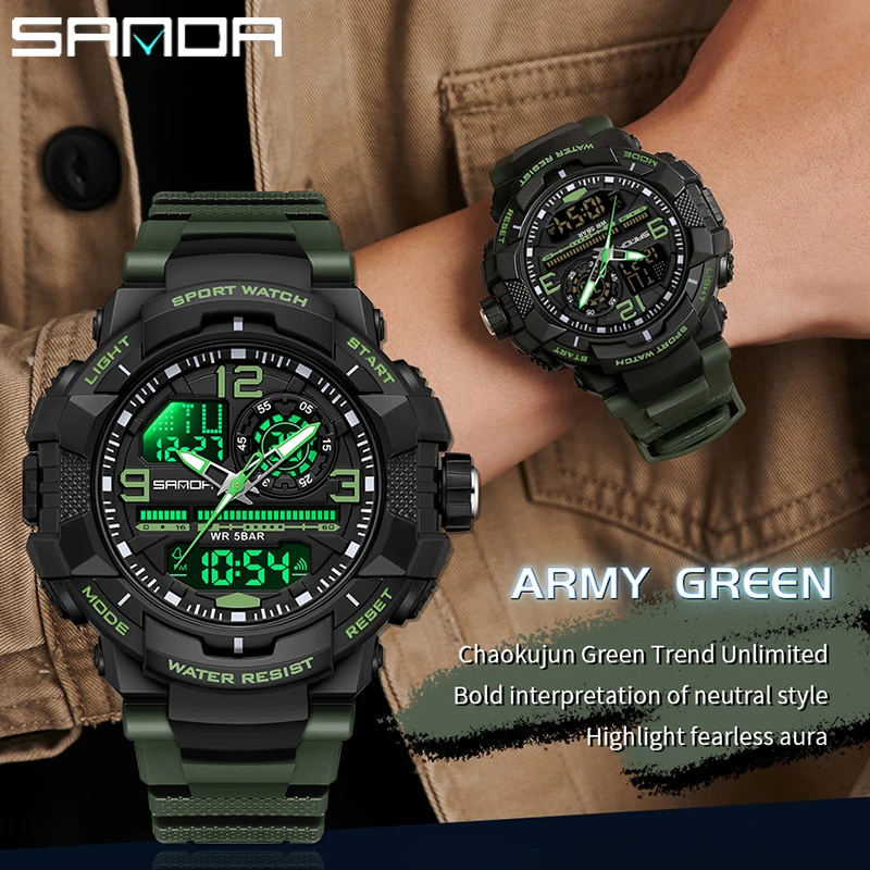 

SANDA 630 мужские часы с двойным дисплеем, водонепроницаемые спортивные часы, военный мужской будильник, секундомер, кварцевые наручные часы, мужские светодиодные цифровые часы
